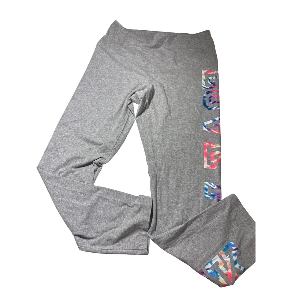 PINK Victoria's Secret Gray Tie Dye Logo Yoga Pants XL Straight Leg High Rise